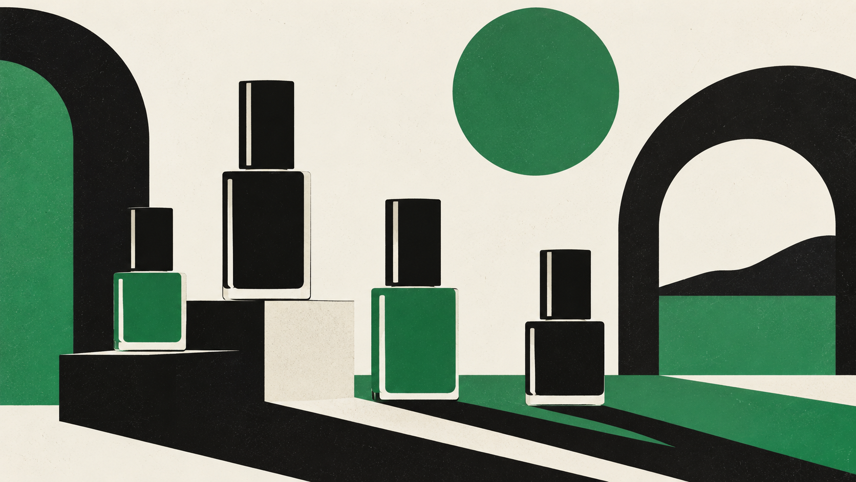Flat graphic illustration of nail polish bottles in green and ink on paper