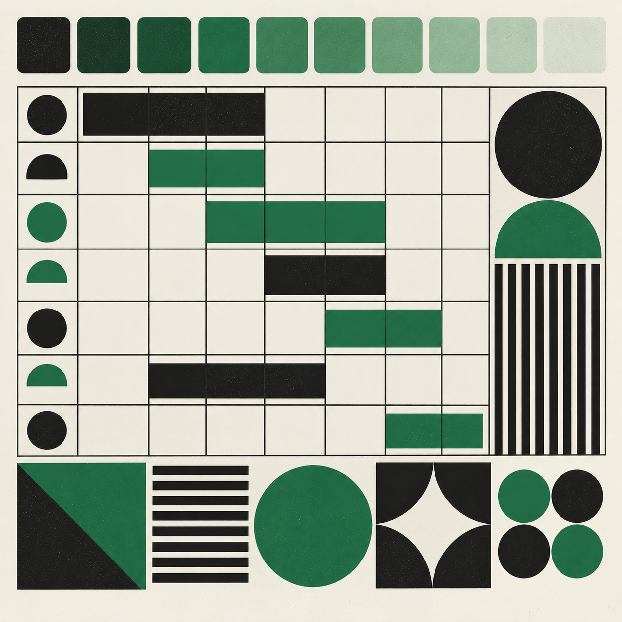 Graphic grid of polish color chips in green and ink